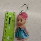 Mini Confused Girl Keychain Doll 3" Tall Pink Hair, Blue Skirt, Blue Jewel