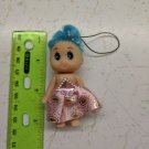 Mini Confused Girl Keychain Doll 3" Tall Blue Hair, Light Pink Skirt, Pink Jewel