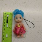 Mini Confused Girl Keychain Doll 3" Tall Blue Hair, Dark Pink Skirt, Yelow Jewel