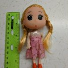 Confused Girl Keychain Doll 4.5" Braided Pigtails Pink Dress w/ Gold Foil Accent