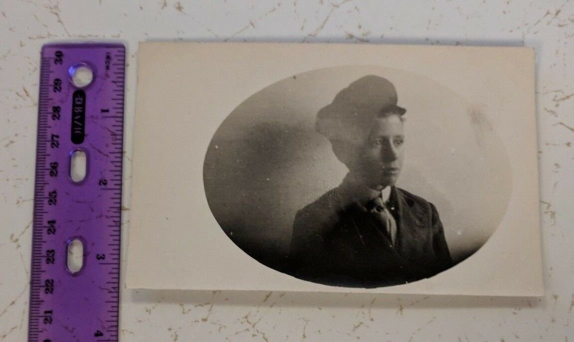 RPPC Old Picture Oval Shaped: Boy in Hat, Tie, Ghostly Shadow
