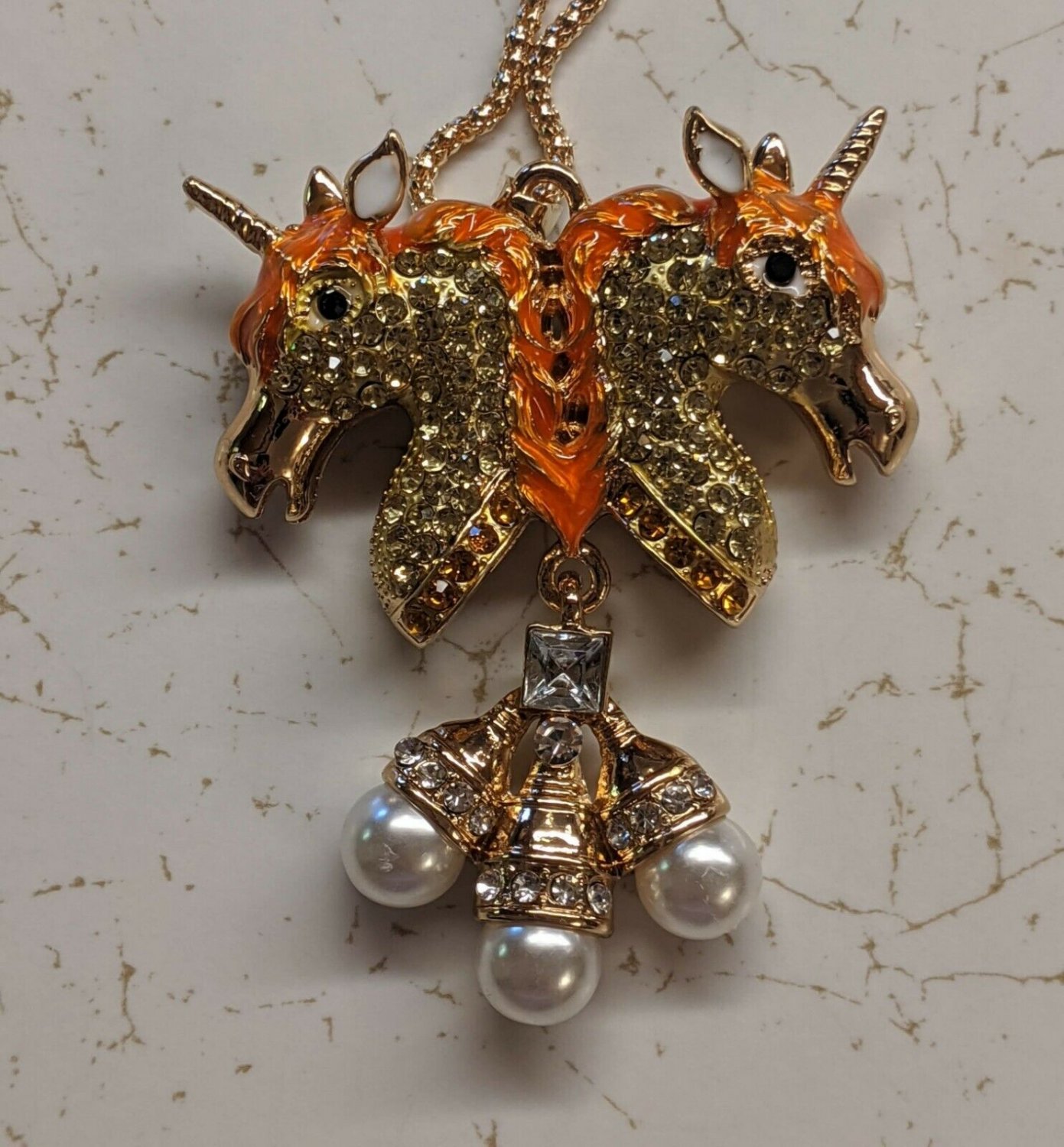 Double Unicorn Head 3" Pendant Yellow/Gold Pearl Dangle 30" Necklace Chain