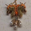 Double Unicorn Head 3" Pendant Yellow/Gold Pearl Dangle 30" Necklace Chain
