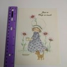 Famous Artists Studio Vintage Unused Card Girl in Purple Dress, Bonnet, Kitten