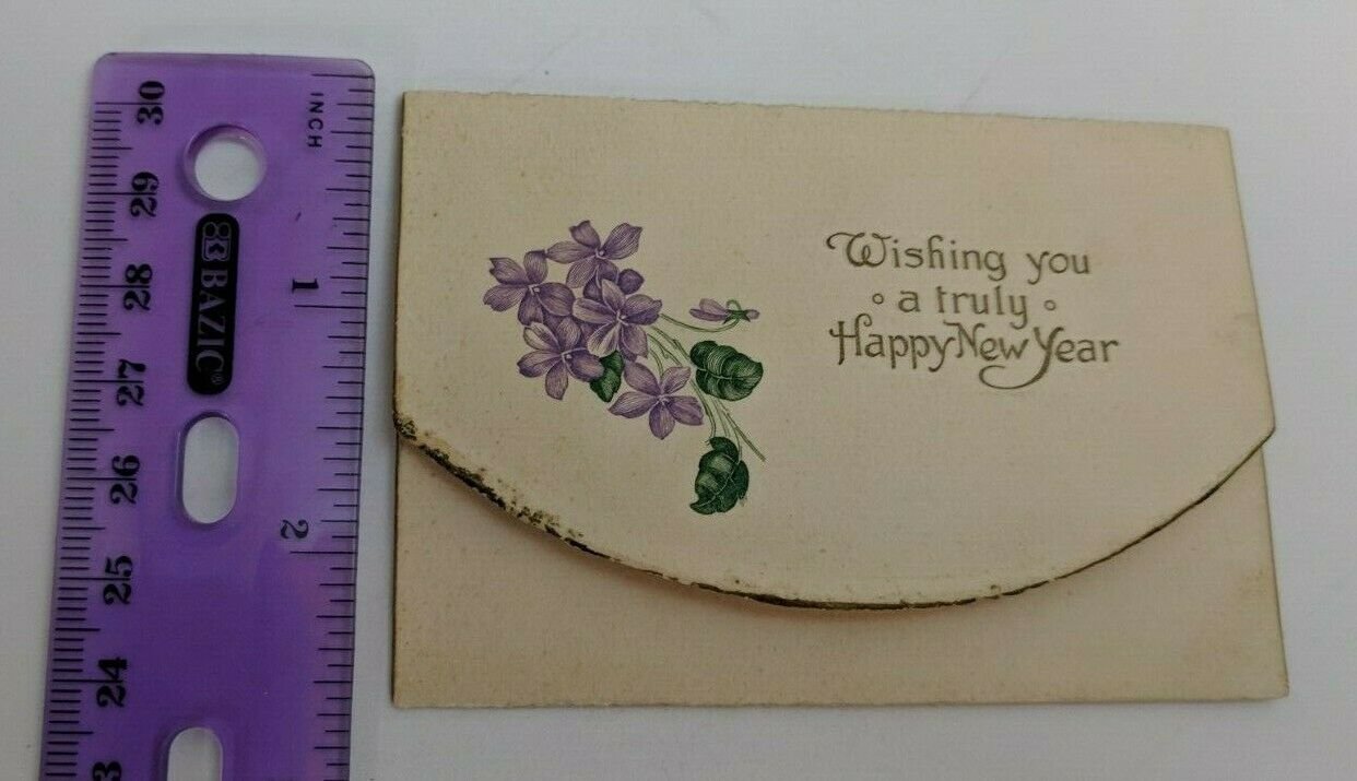 Vintage 1900s Mini Happy New Year Card w/ Violet Flowers USED