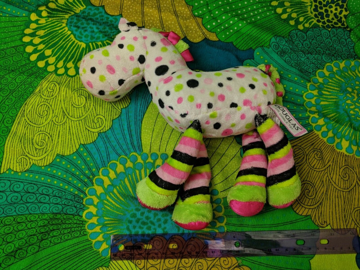 Douglas Cuddle Toys White Green Pink Black Polka Dot Horse Pony 9" Long Plush