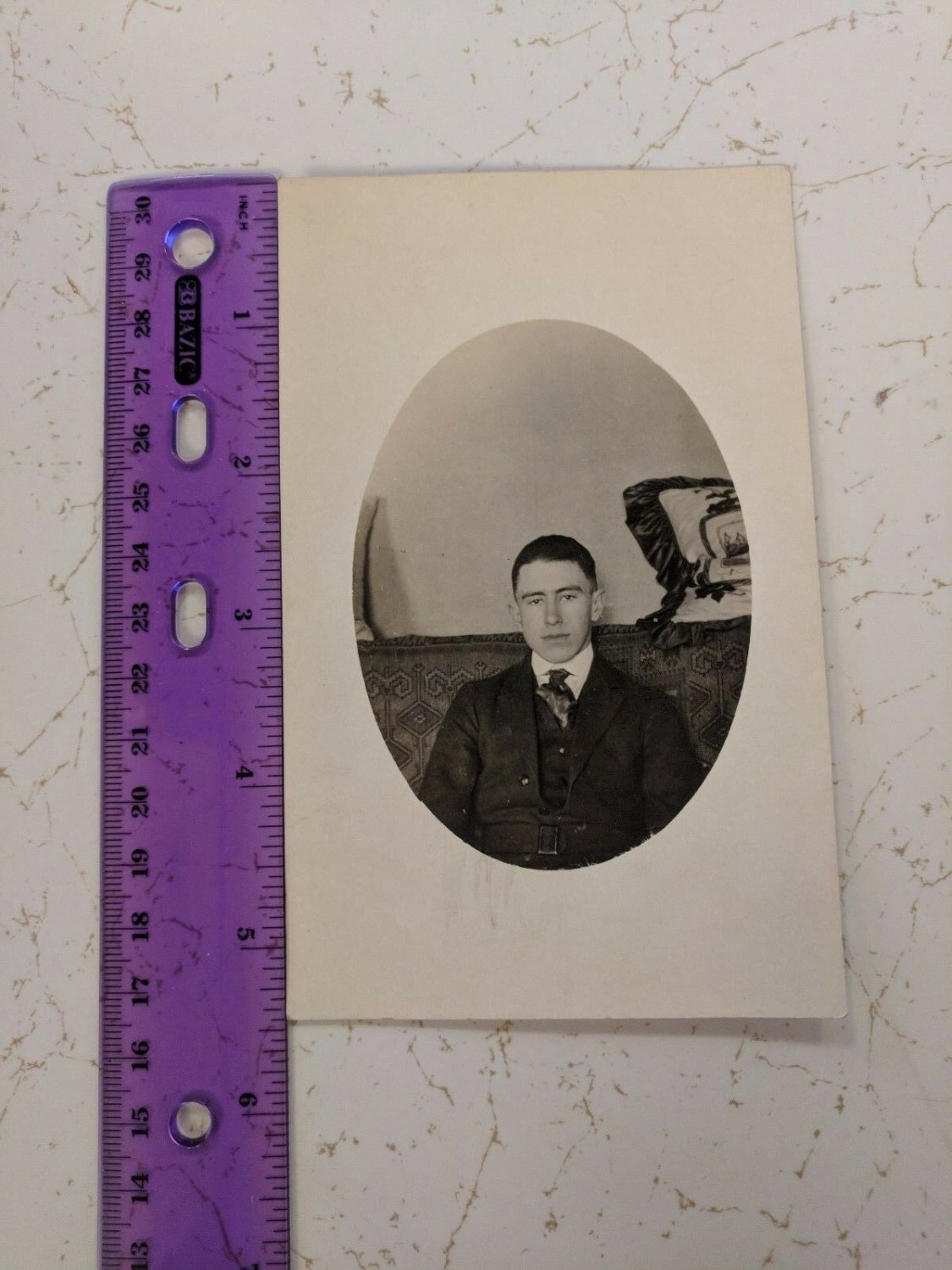 RPPC Old Picture Oval Shaped: Man Sitting on Brocade Couch, Pillow Behind