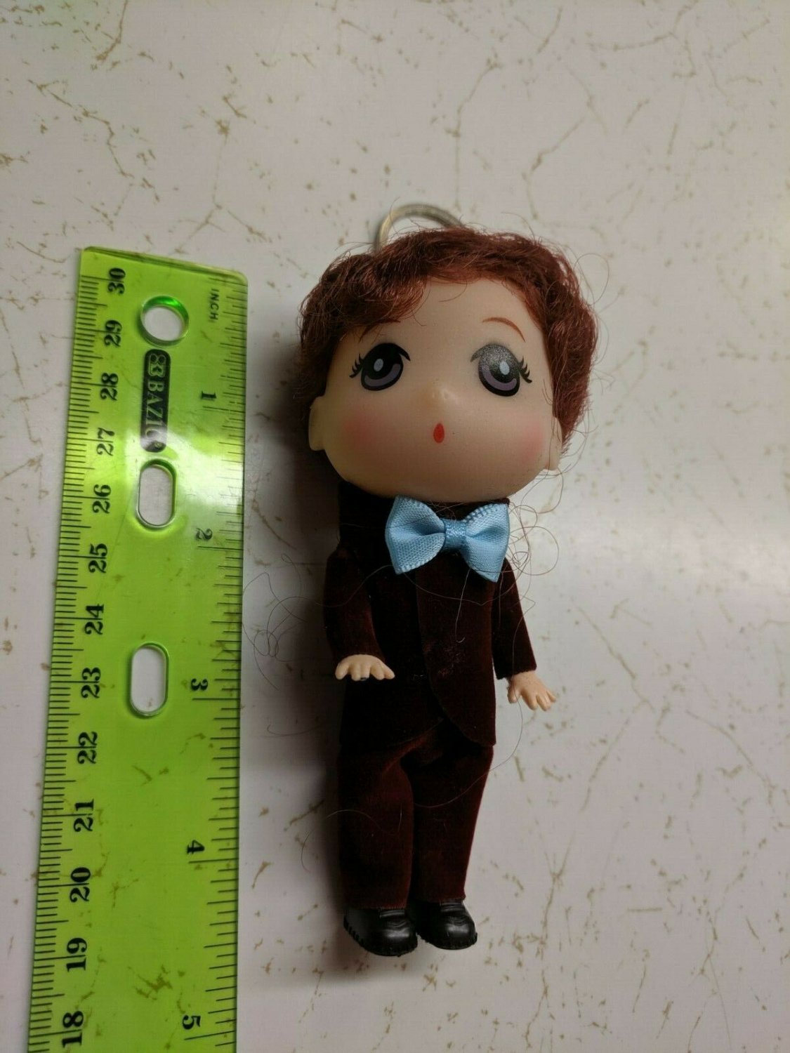 Confused Boy Keychain Doll 4.5" Groom Curly Hair Burgundy Suit w/ Blue Bowtie