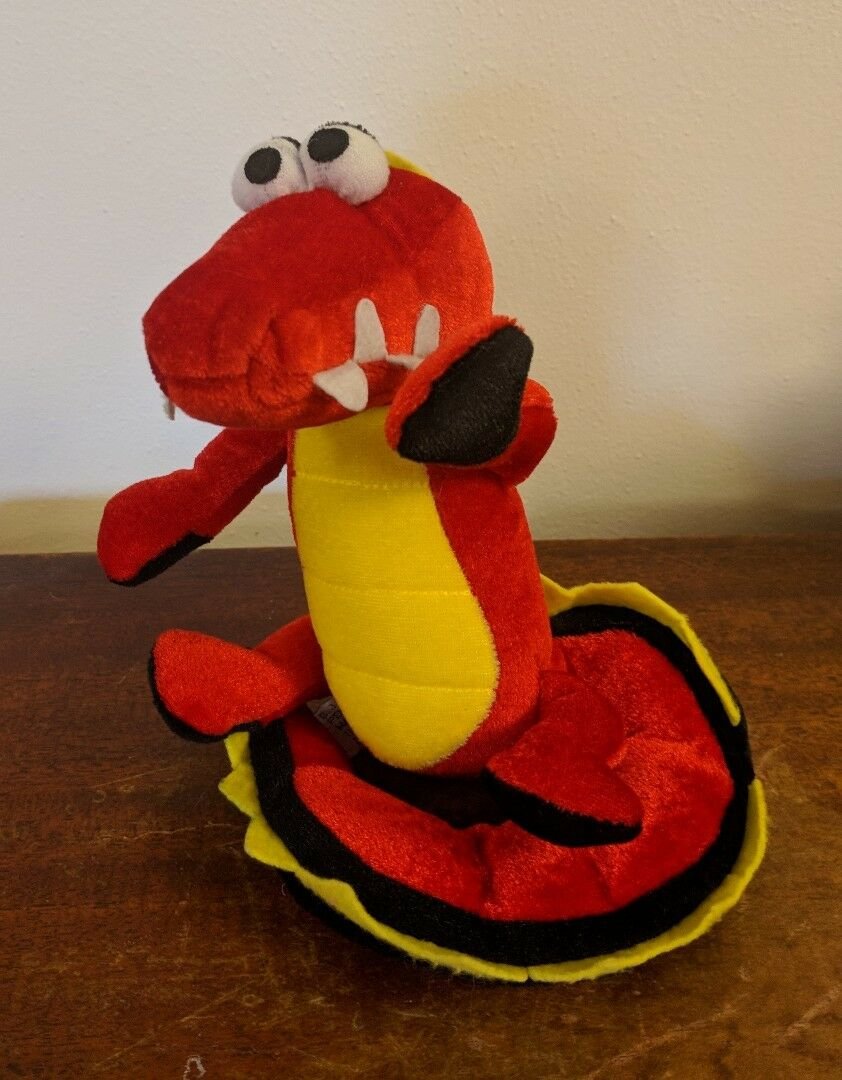 BJ Toy Co Red Yellow Black Dragon Plush Stuffed Toy Coiled Tail 7" Tall