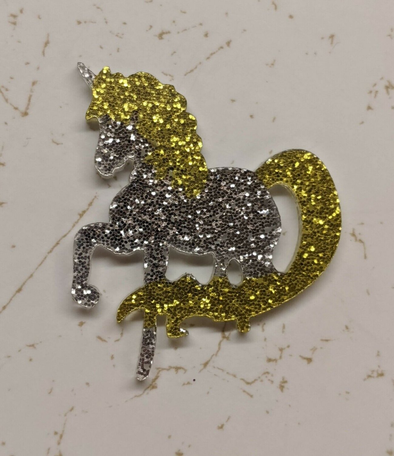 Silver/Yellow Unicorn Pony Glitter Resin Flatback Craft Embellishment 4.5cm Tall