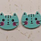 Aqua Cat Face Wood Craft Button 2 Holes 2cm Wide Set of 2