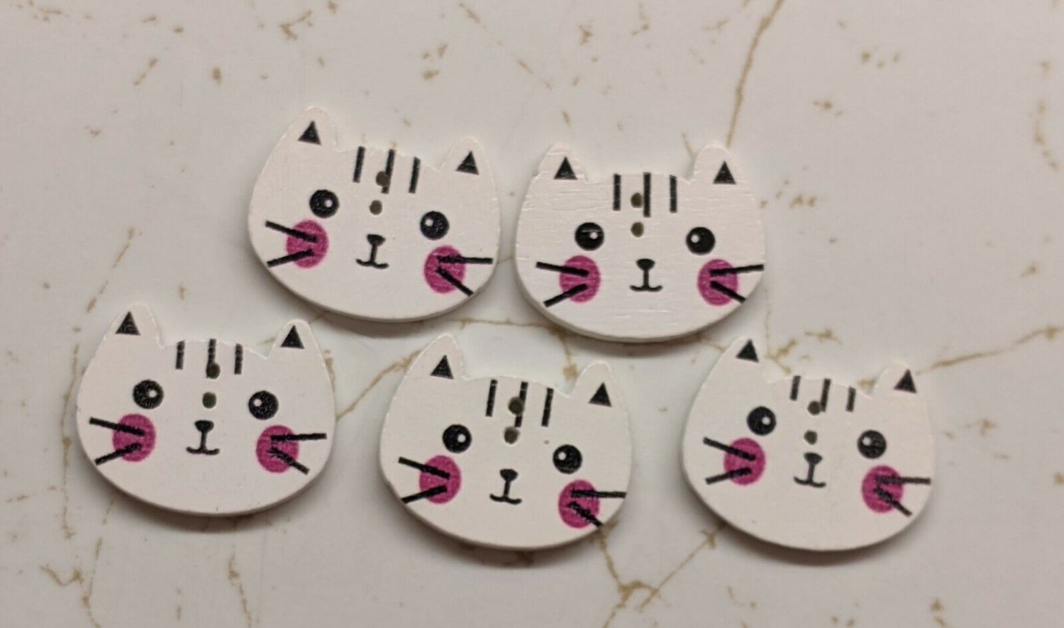 White Cat Face Wood Craft Button 2 Holes 2cm Wide Set of 5