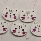 White Cat Face Wood Craft Button 2 Holes 2cm Wide Set of 5