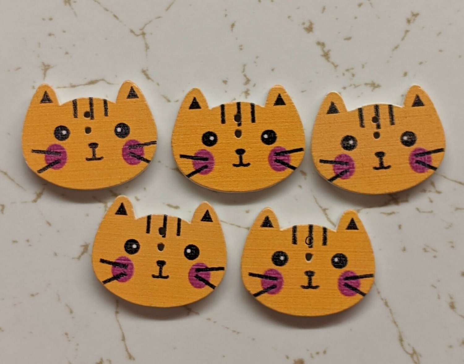 Orange Cat Face Wood Craft Button 2 Holes 2cm Wide Set of 5