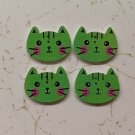 Green Cat Face Wood Craft Button 2 Holes 2cm Wide Set of 4