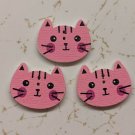 Pink Cat Face Wood Craft Button 2 Holes 2cm Wide Set of 3