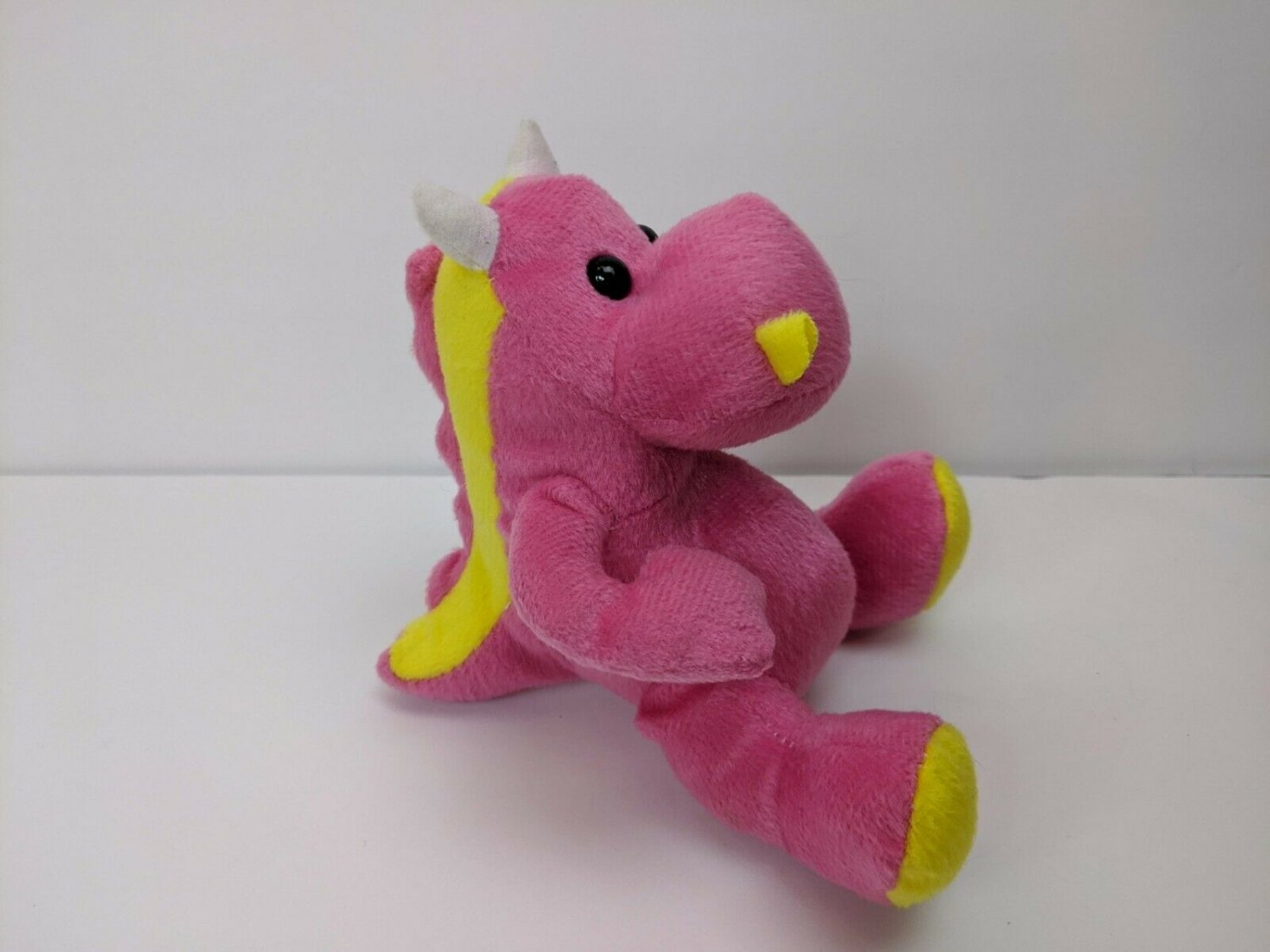 Dinosaur Dragon Plush Toy Stuffed Animal Pink & Yellow, Horns, Spine 6" tall
