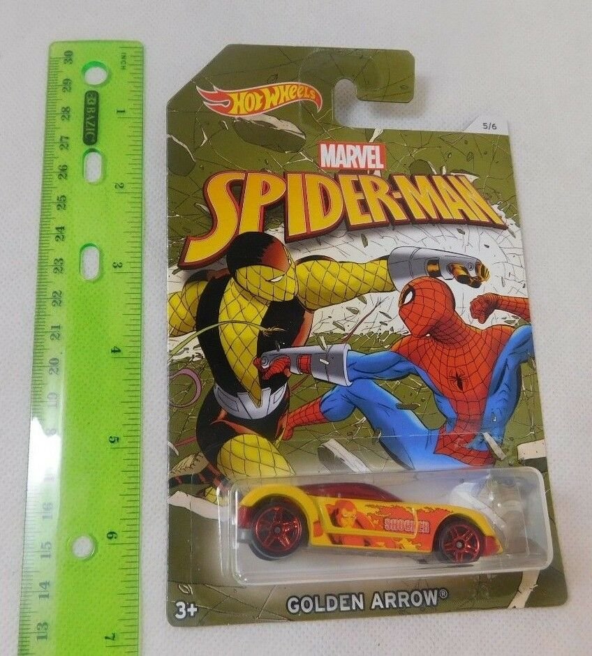 Marvel Spider-Man Hot Wheels Diecast GOLDEN ARROW Car MOC 5/6 Yellow/Red
