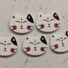 White Cat Face 1 Black Ear Wood Craft Button 2 Holes 2cm Wide Set of 5