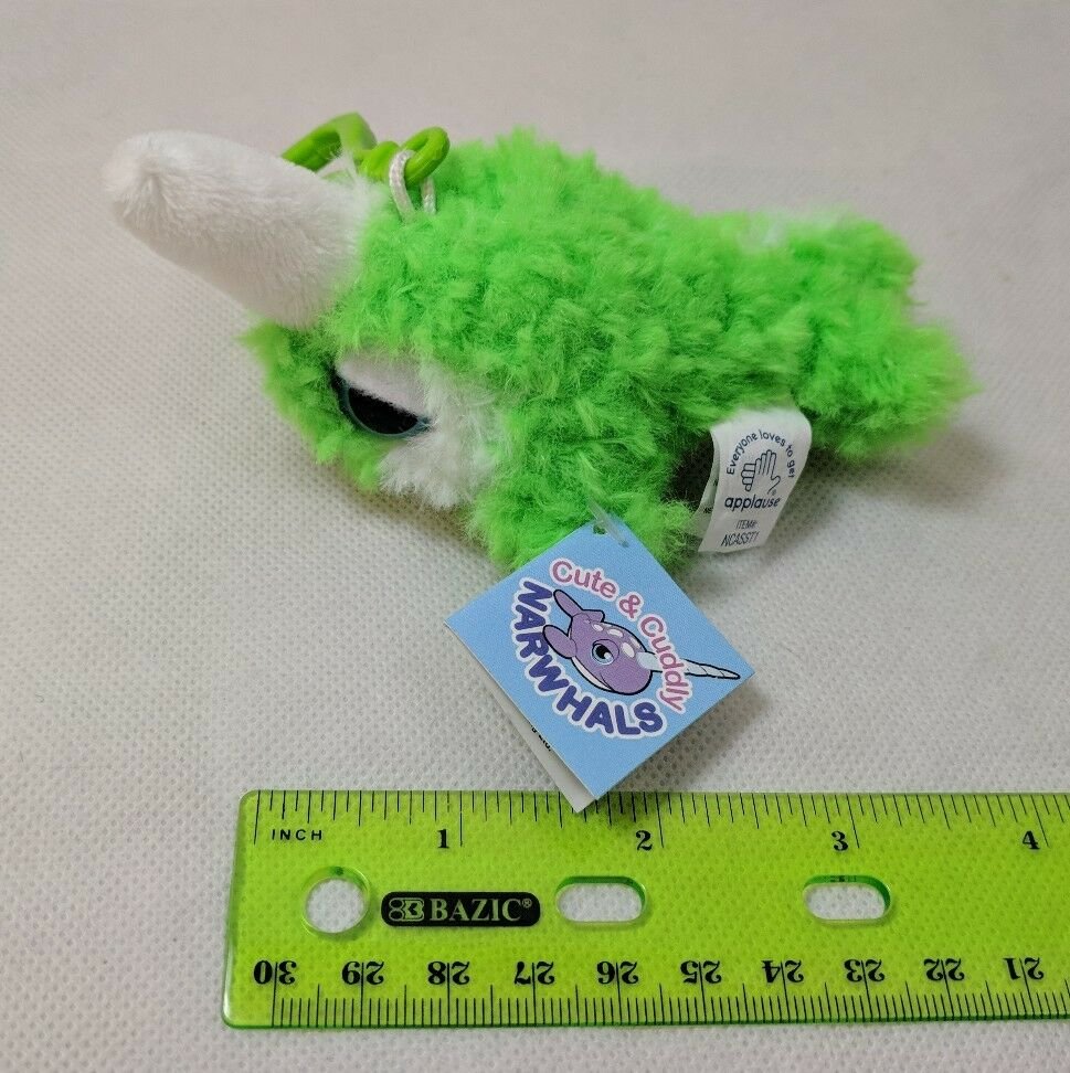 Applause Narwhal Mini Plush Keychain 3" Shaggy Green/White Very Soft! NWT
