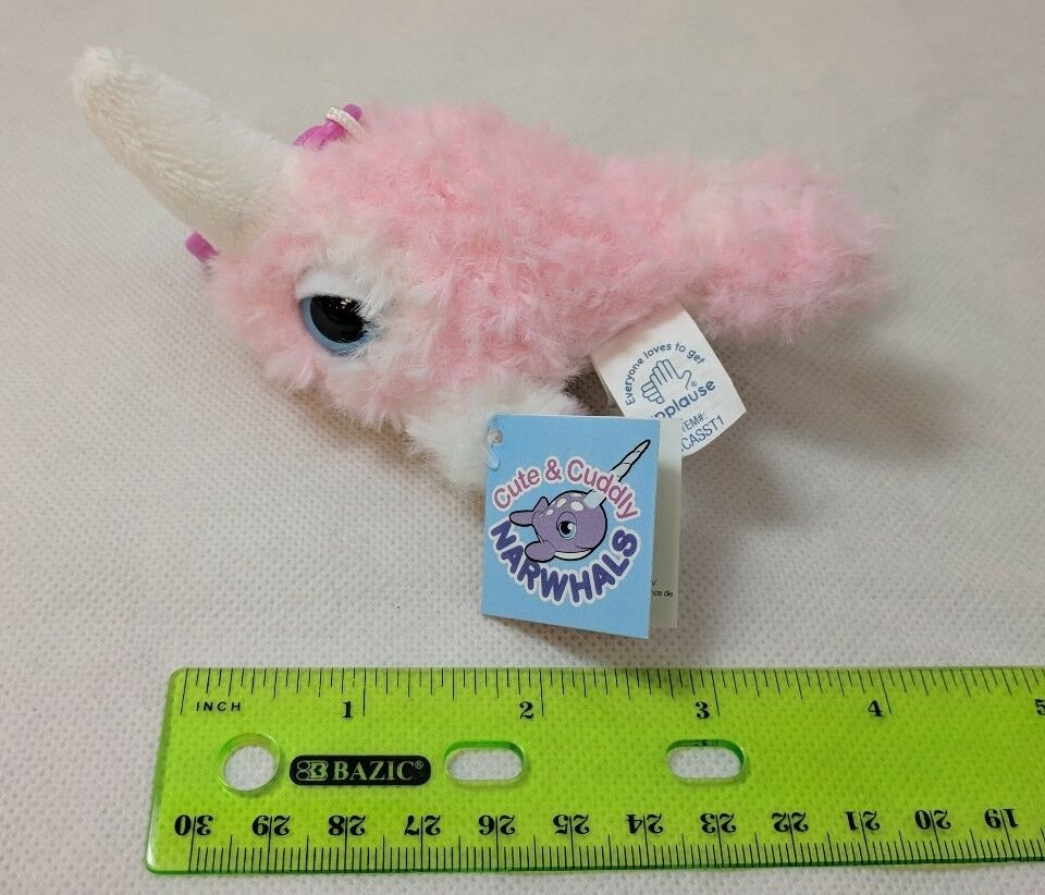 Applause Narwhal Mini Plush Keychain 3" Shaggy Lite Pink/White Very Soft! NWT