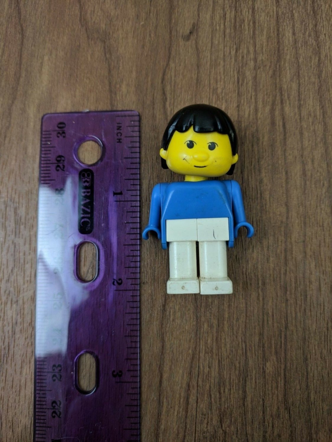 Lego Mini Figure 2" Large Head, Child, Black Hair, Blue & White Body