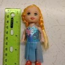 Toddler Girl Fashion Doll 4" Yellow Braided Pigtails, Blue Dress, Red Shoes
