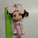 Confused Girl Keychain Doll 4.5" Curly Brunette Lt Pink Dress, Bunny Ears Bow