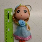 Confused Girl Keychain Doll 4.5" Braided Pigtails Lt Blue Dress Roses, Pink Trim
