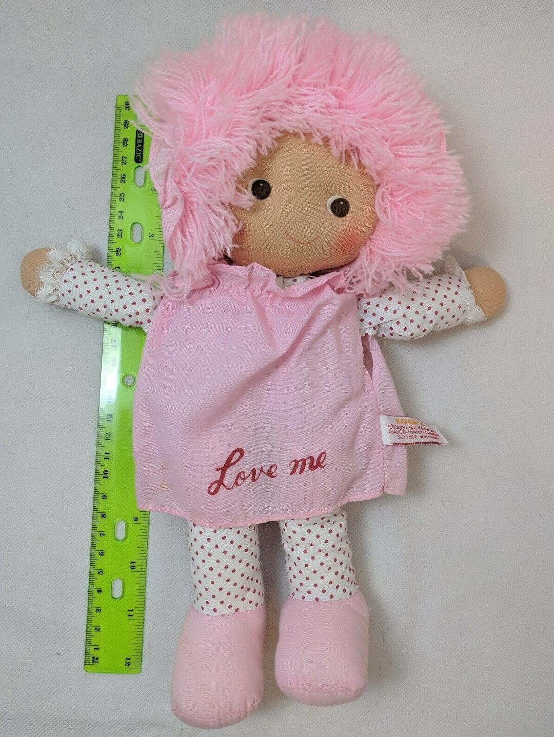 12" Kamar Soft Rag Doll Cloth LOVE ME Pink Bonnet & Dress, Polka Dot Body