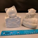 Ceramic Coin Bank Lot of 2 Vintage 1990's Kitten in Bag & Teddy Bear, unpainted