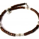 Men Necklace Thread Choker Wood Brown Beads Biker Rocker Tibetan Silver 4068