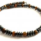 Men Necklace Male Natural Gemstone Tiger Eye Brown Hematite GrayBlack Beads 4074