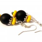 Earrings Black Yellow Natural Matte Onyx Czech Beads 7008