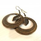 Earrings Dangle Drop Large Round Boho Leaf Bronze 7014