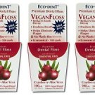 3 Pack Eco-Dent Premium Dental Floss VeganFloss Cranberry-Aloe Vera - 100 yards