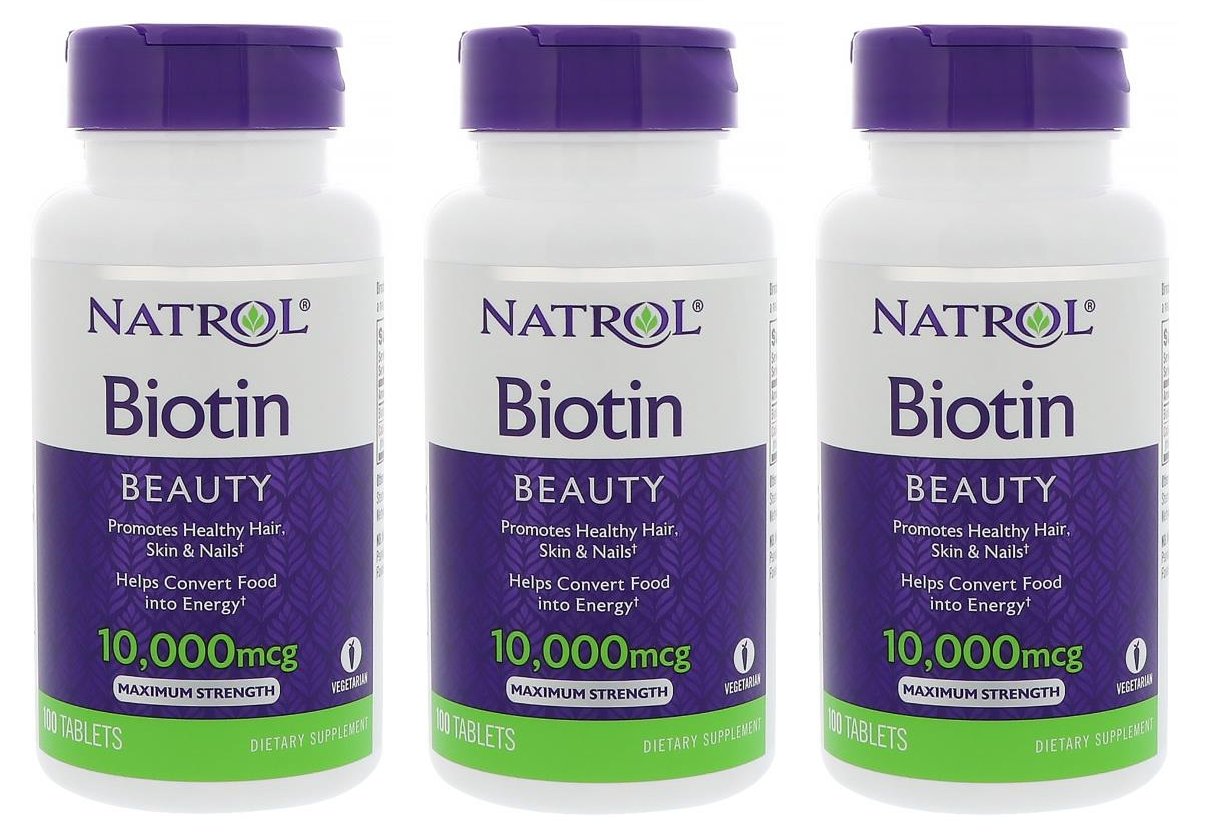 3- Pack Natrol Biotin 10,000 mcg, Maximum Strength, 100 Tablets 08/2019