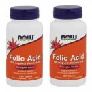2 x NOW Foods Folic Acid 800 mcg B-12 25 mcg Vegetarian 250 Tabs Made In USA