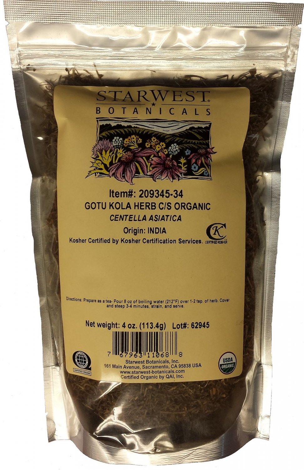 Gotu Kola Herb Cut & Sifted Organic - 4 Oz(Starwest Botanicals)