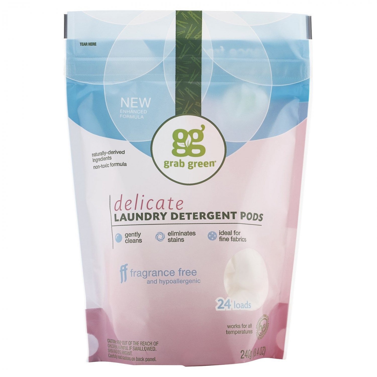 GrabGreen, Delicate Laundry Detergent Pods, Fragrance Free, 24 Loads, 8.4 oz