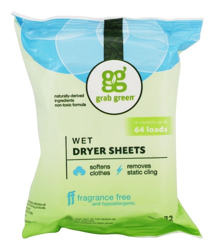 Grab Green Wet Dryer Sheets Fabric Softener Fragrance Free 32 Sheets