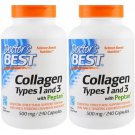 Doctor's Best, Collagen, Types 1 and 3 with Peptan, 500 mg, 240 Capsules 2 pack