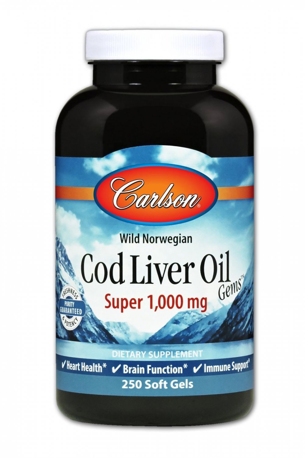 Carlson Cod Liver Oil Gems Super 1000 360 mg Omega-3s 250 Soft Gels