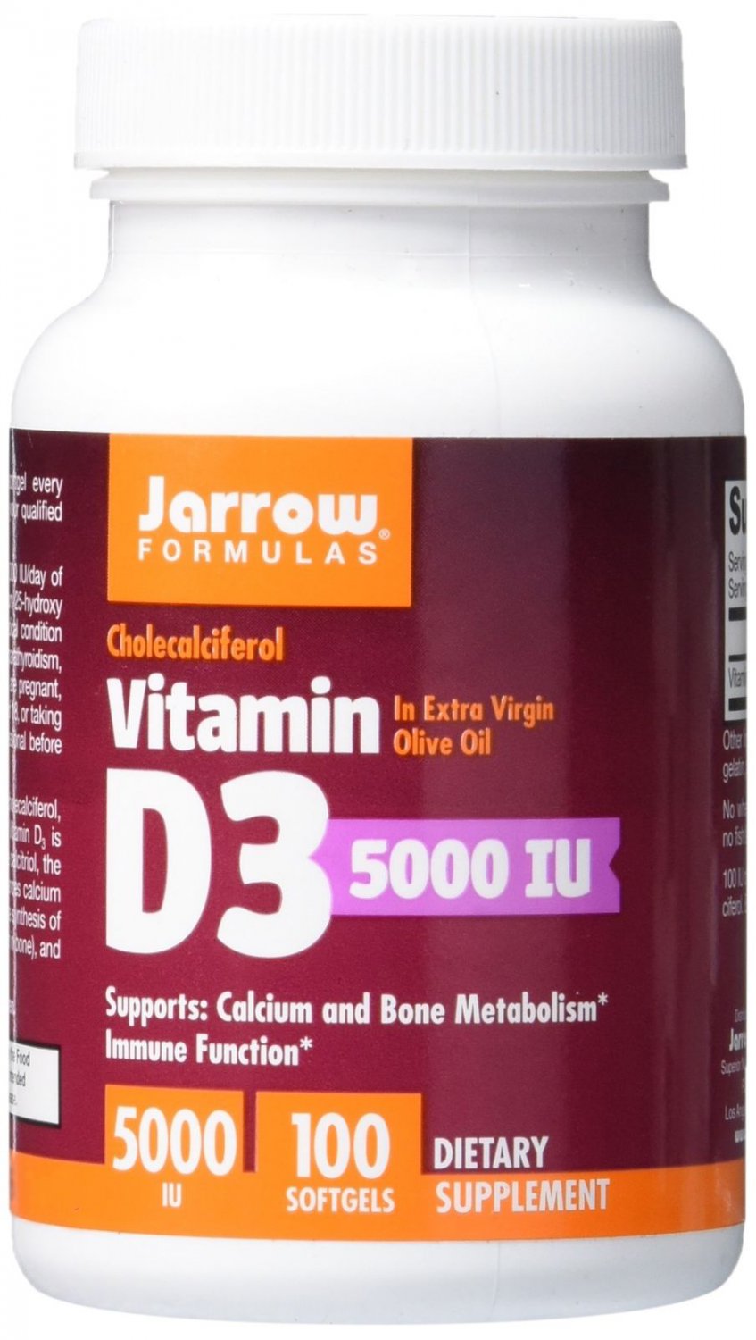 Jarrow Formulas Vitamin D3 Support Calcium & Bone Metabolism 5000 IU 100 Softgel