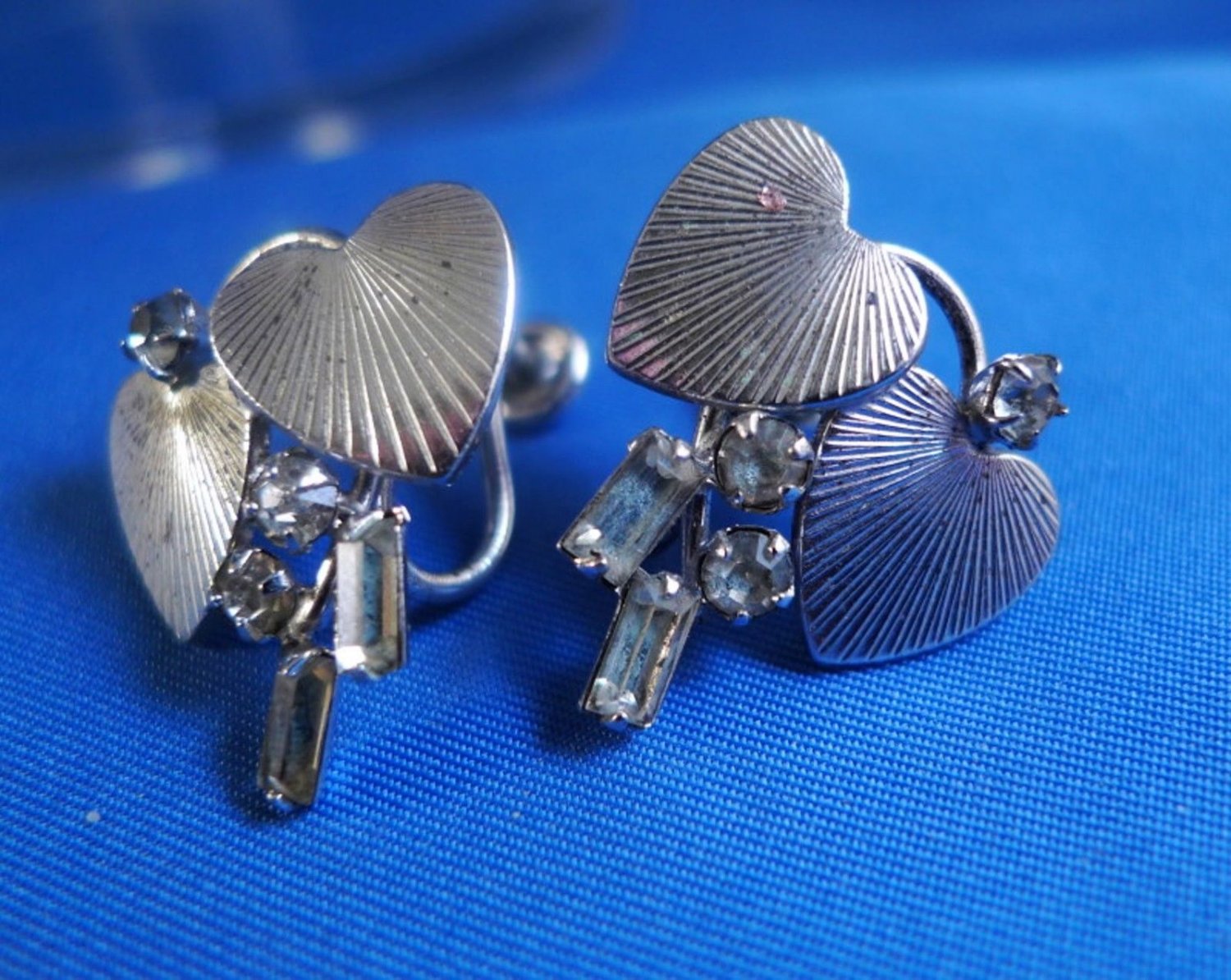 Vintage Screw Back Earrings Sterling & Rhinestone Hearts Signed Carl Arts