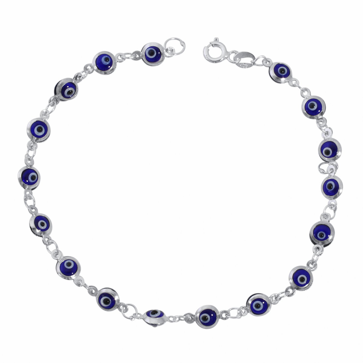 Blue Evil Eye Beads on 925 Sterling Silver Bracelet 7.5"