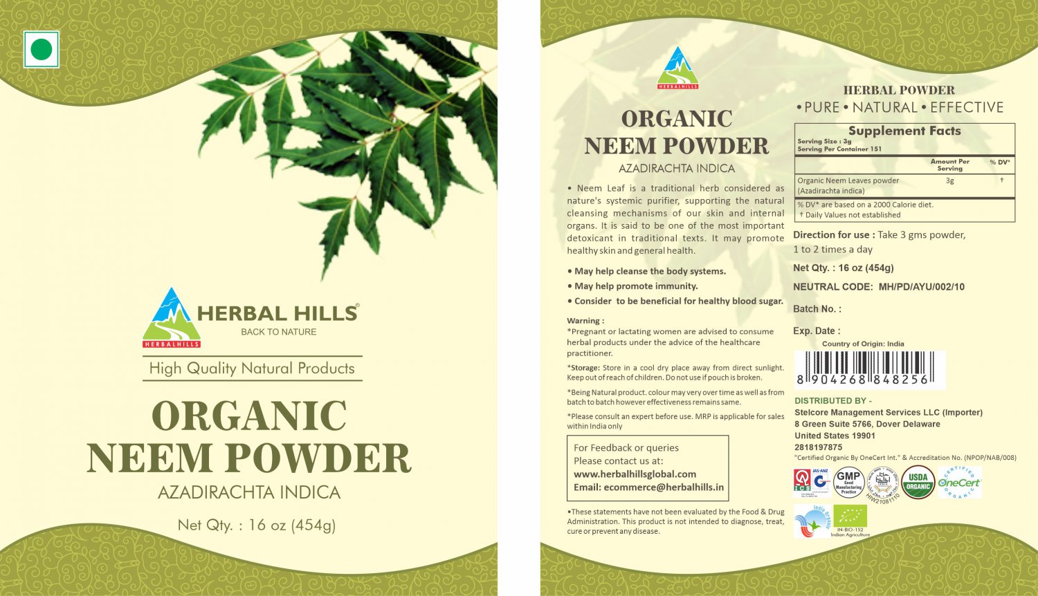 Herbal Hills Organic Neem Powder (Azadirachta Indica) 454 GMS (16 oz)