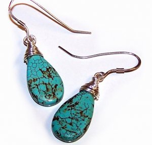 Turquoise Teardrop Briolette beads wire-wrapped with Sterling Silver Earrings