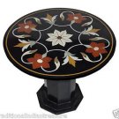 24" Black Round Marble Table Top Handmade Pietra Dura Home Decor With Stand Arts