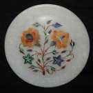 6" White Marble Plate Inlaid Hakik Malachite Floral Design Handmade Home Decor